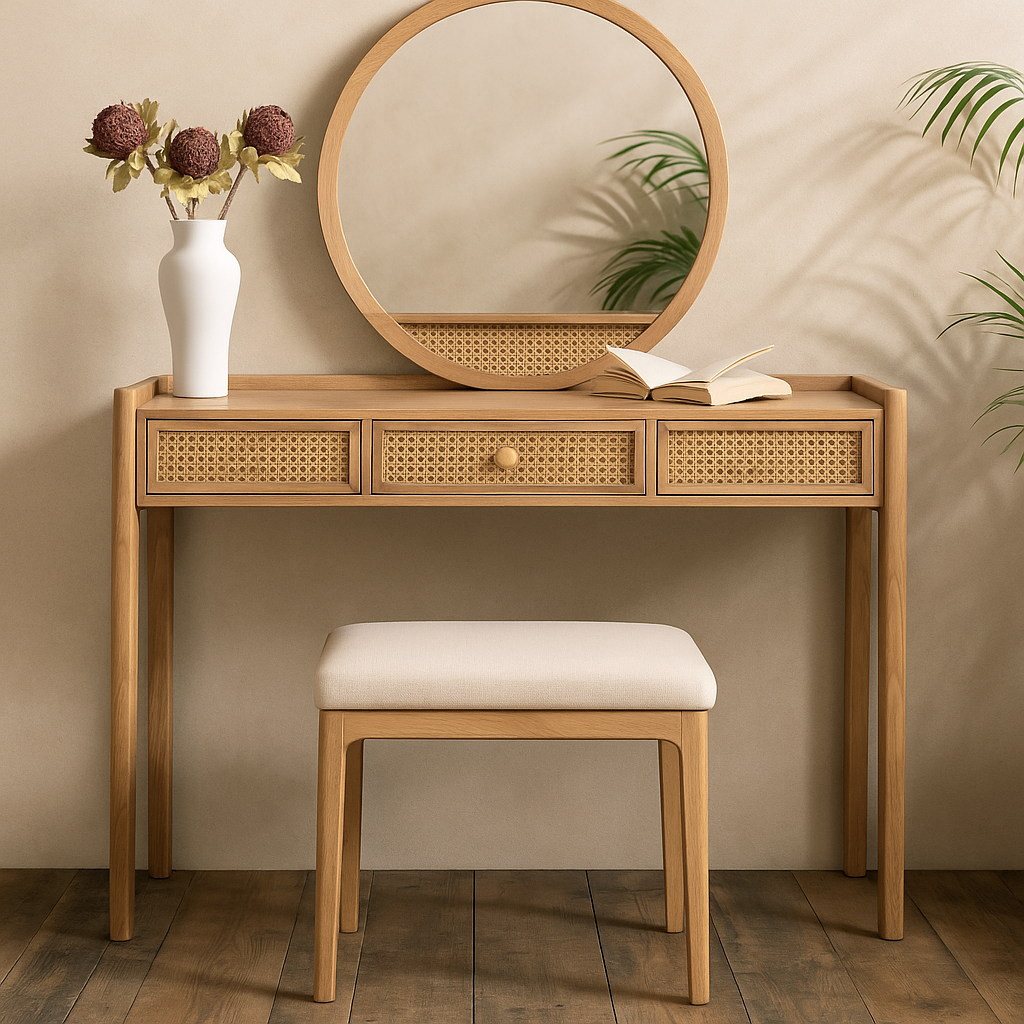 Bali Rattan Dressing Table, Mirror & Stool Set