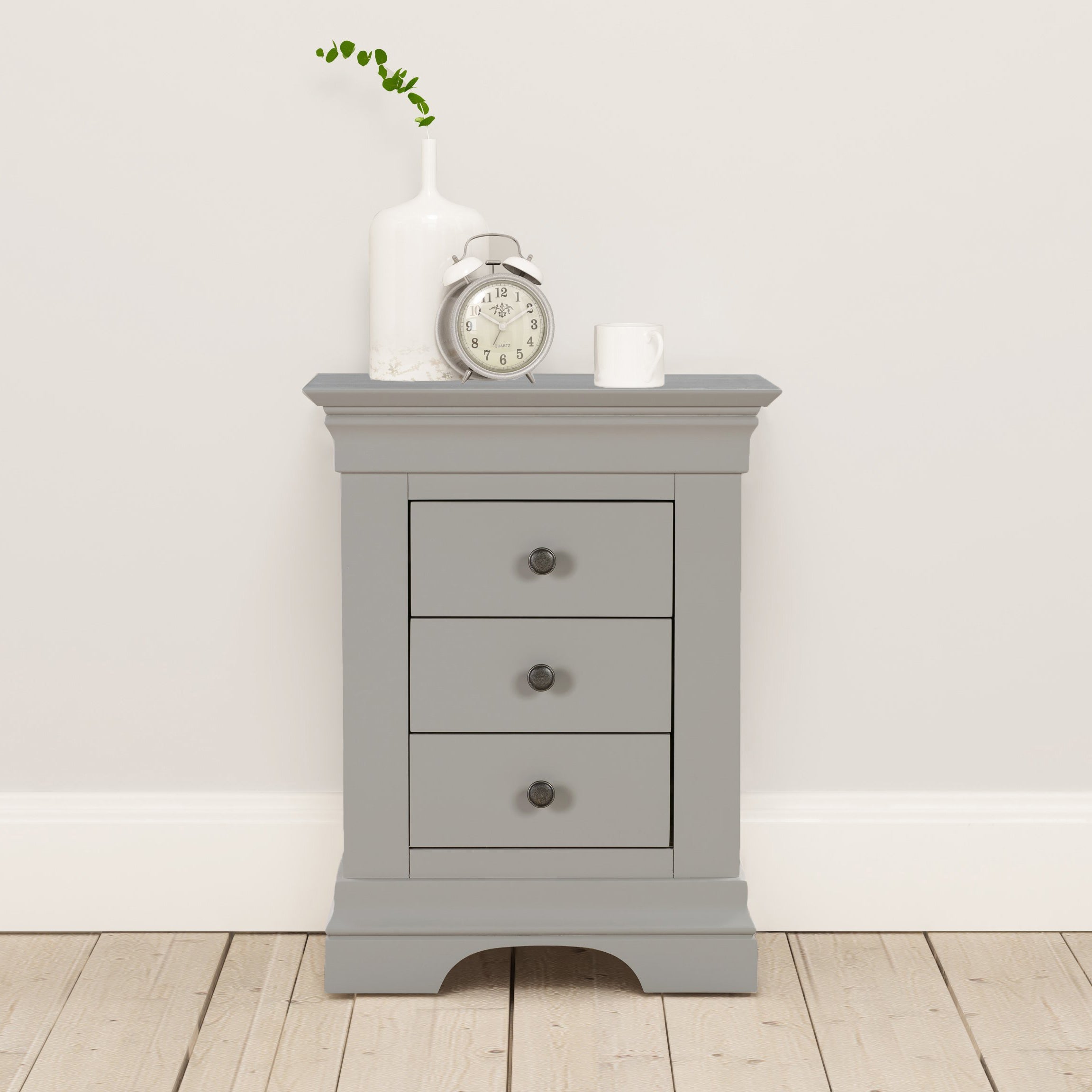 Chantilly Pebble Grey 3 Drawer Bedside Table