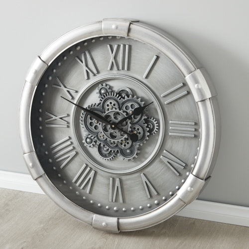 Round Roman Numbers Pewter Silver Style Cog Wall Clock | 74 cm