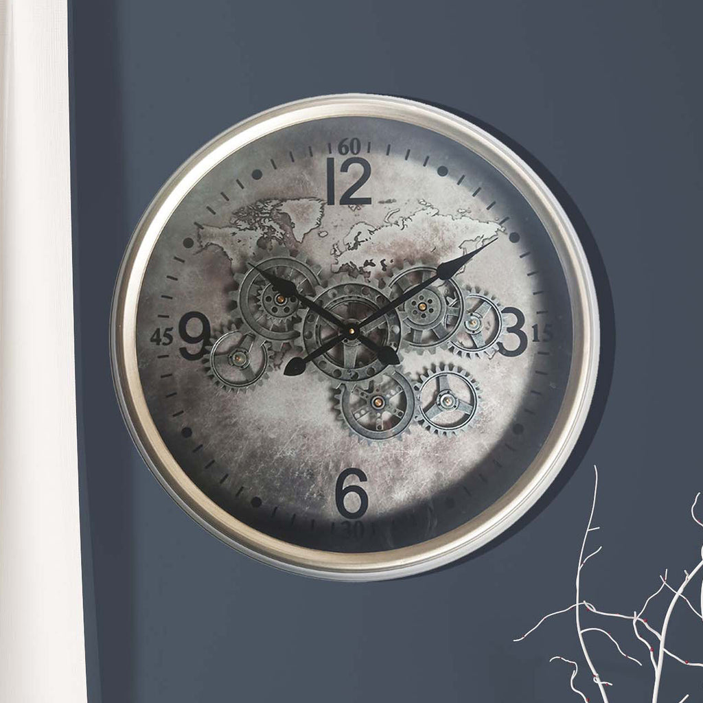 Vintage Silver World Cog Clock | 62 cm