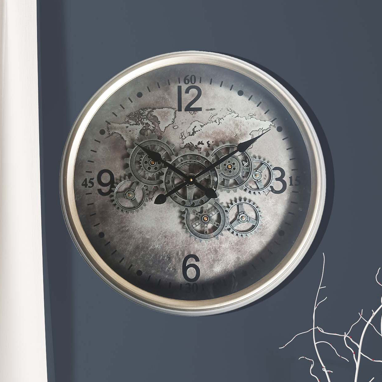 Vintage Silver World Cog Clock | 62 cm