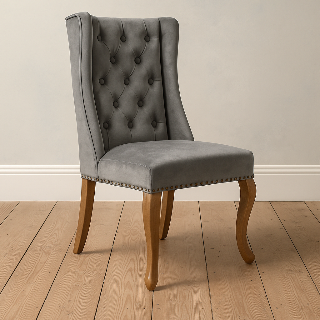 Lucy Velvet Winged Buttoned Dining Chair | Light Grey