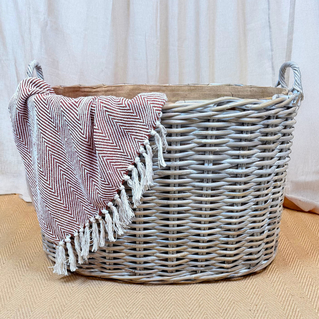 Whitewash Rattan Oval Wicker Storage Basket | Large