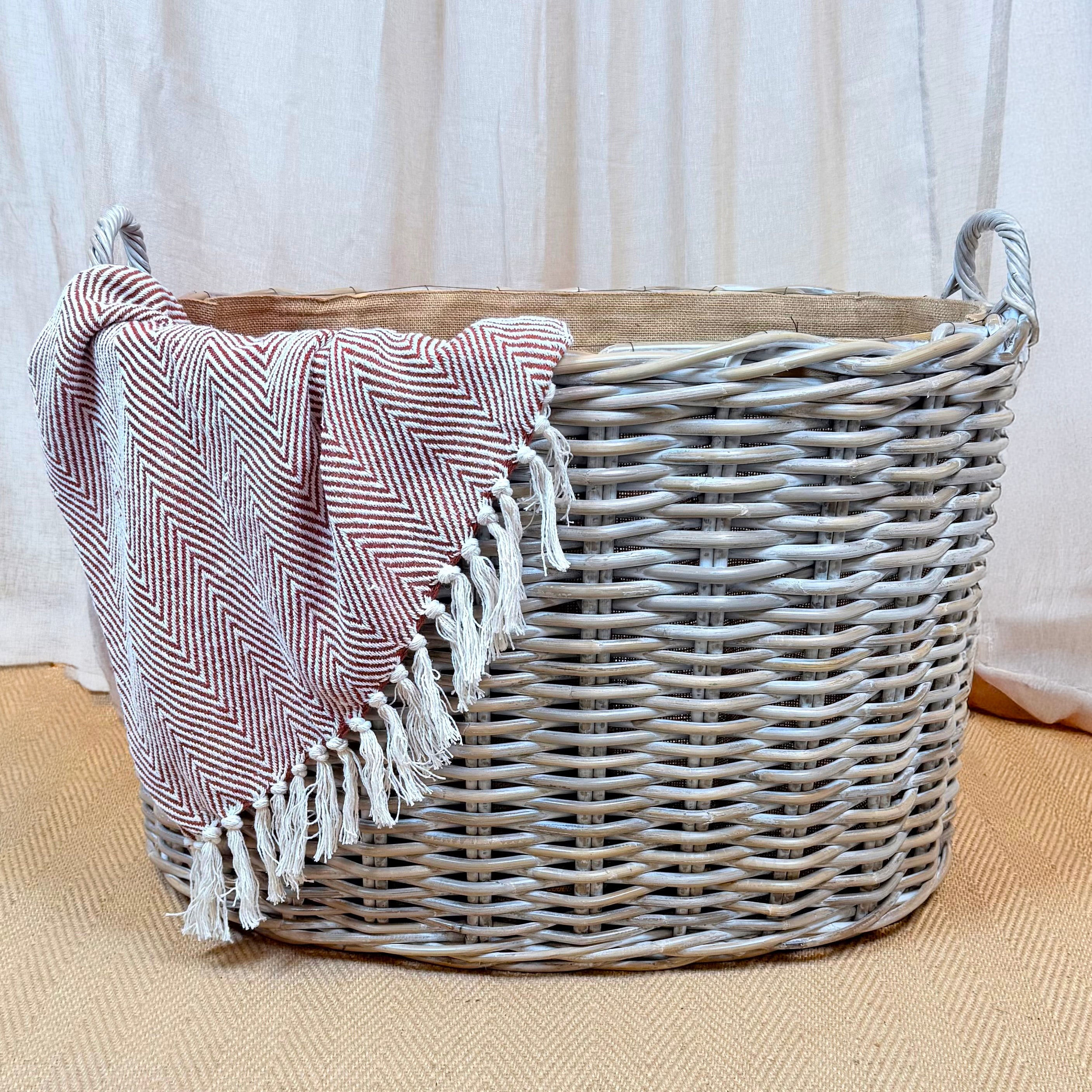 Whitewash Rattan Oval Wicker Storage Basket | Large