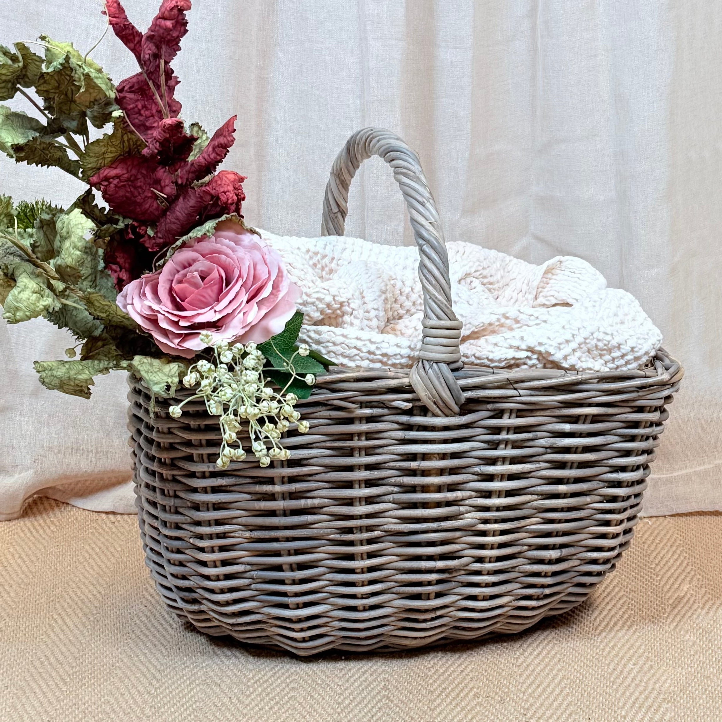 Grey Rattan Wicker Shopping Basket