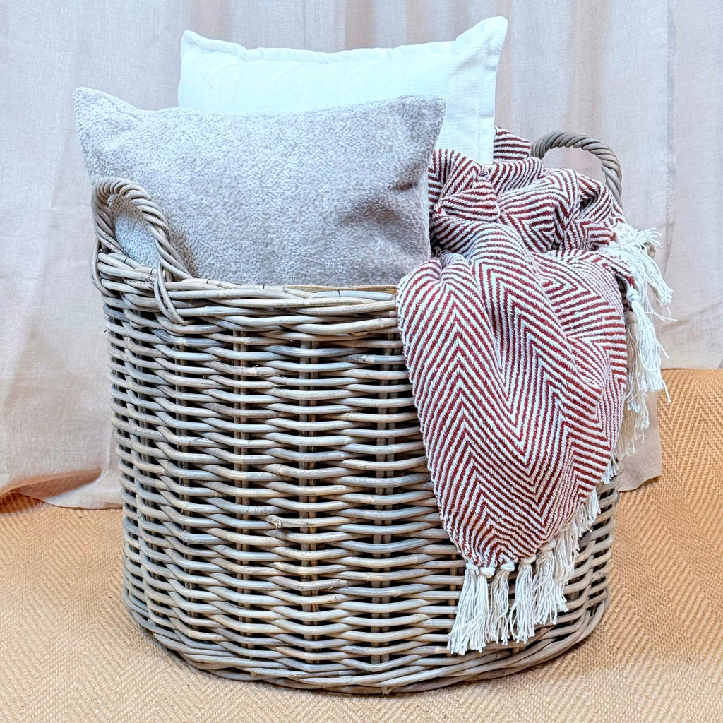 Grey Rattan Round Wicker Log Basket