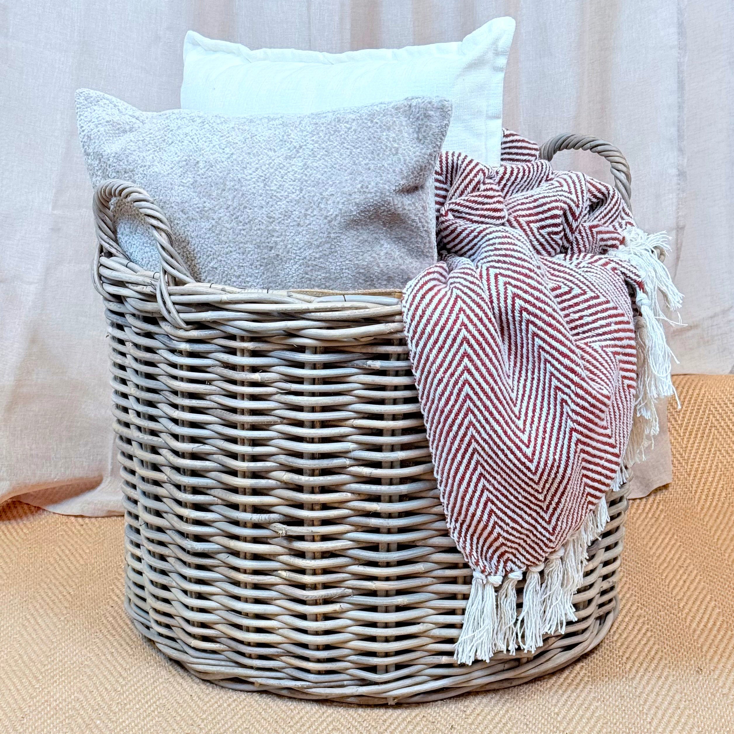 Grey Rattan Round Wicker Log Basket
