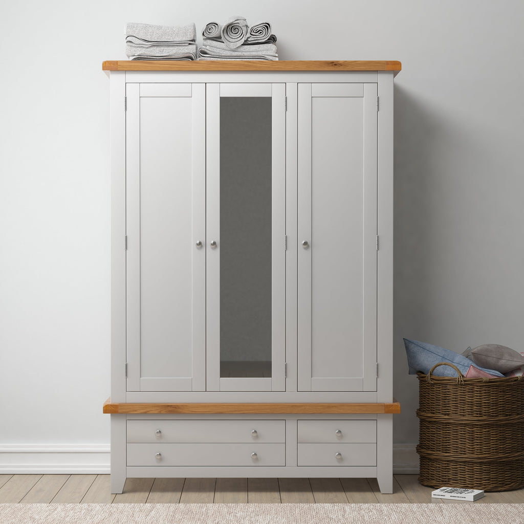 Cambridge Grey Painted Oak 3 Door 2 Drawer Wardrobe