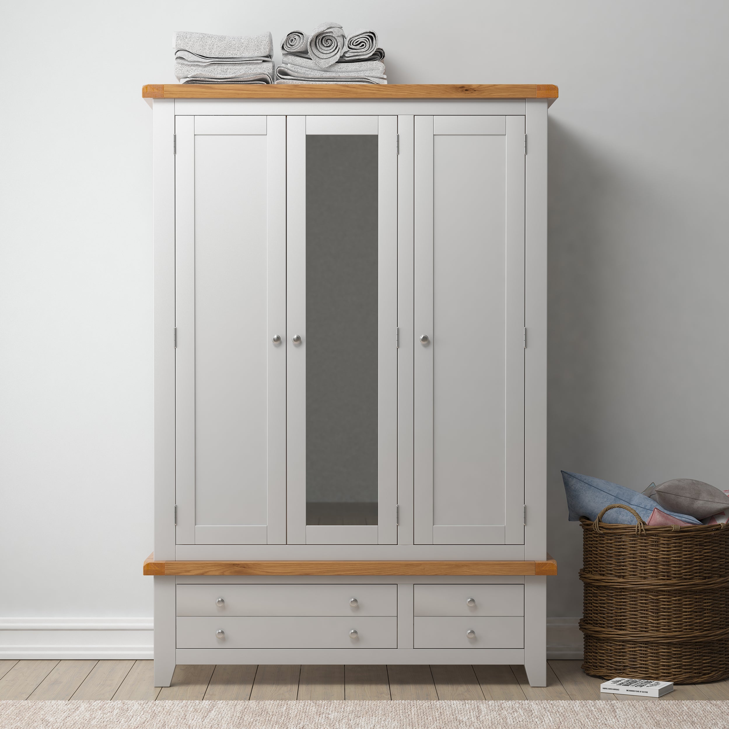 Cambridge Grey Painted Oak 3 Door 2 Drawer Wardrobe
