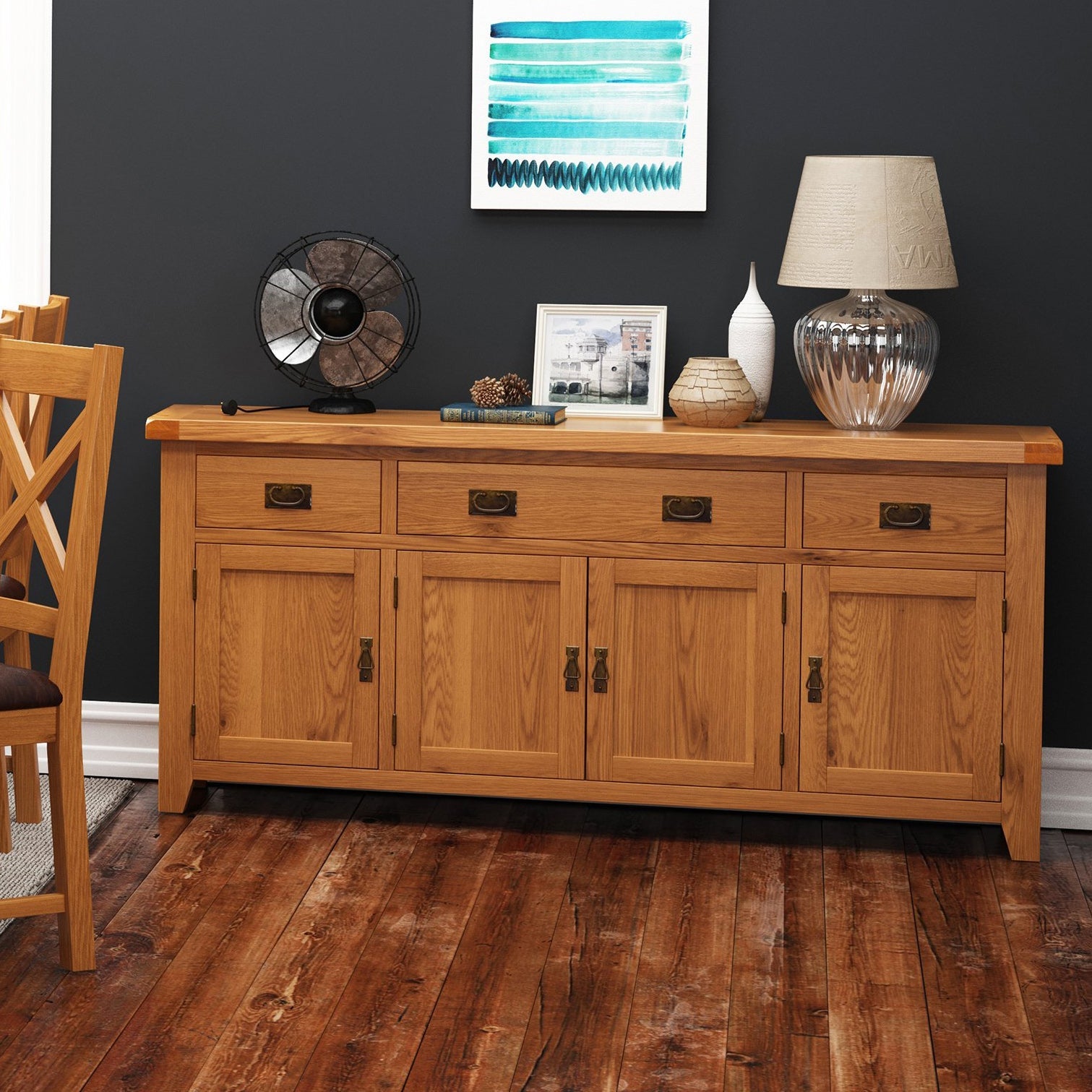 Cambridge Oak 4 Door 3 Drawer Sideboard