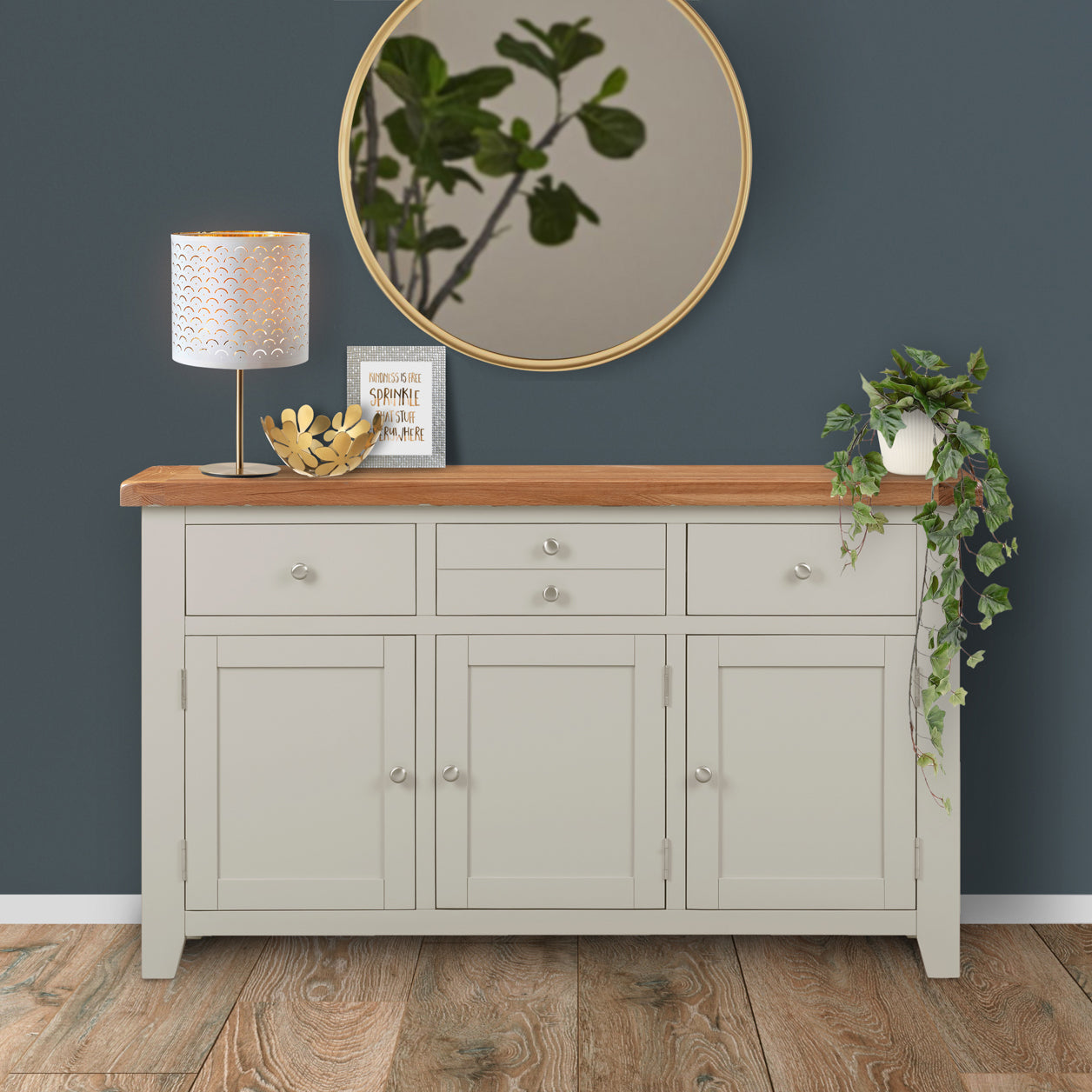Cambridge Grey Painted Oak 3 Door 3 Drawer Sideboard