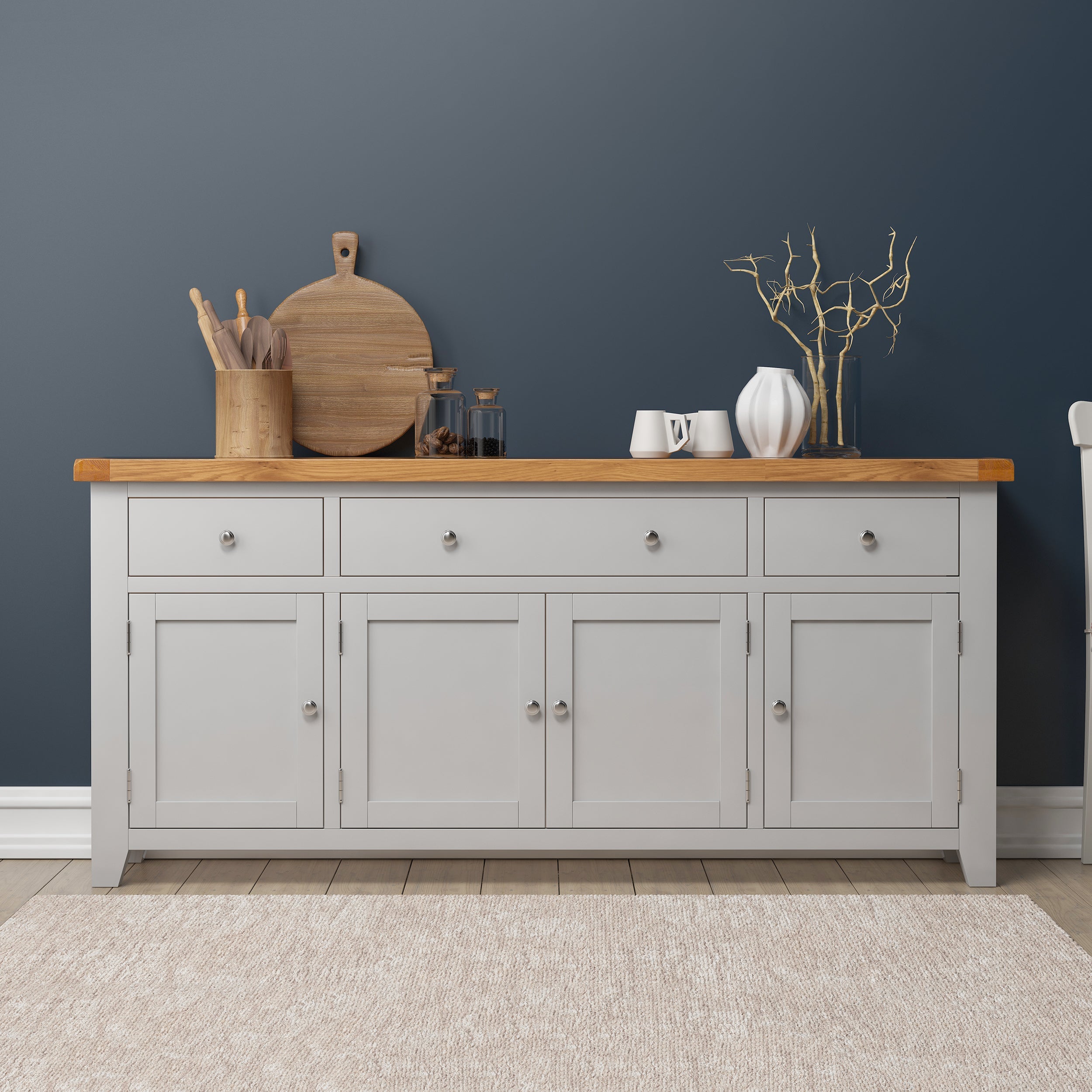 Cambridge Grey Painted Oak 4 Door 3 Drawer Sideboard